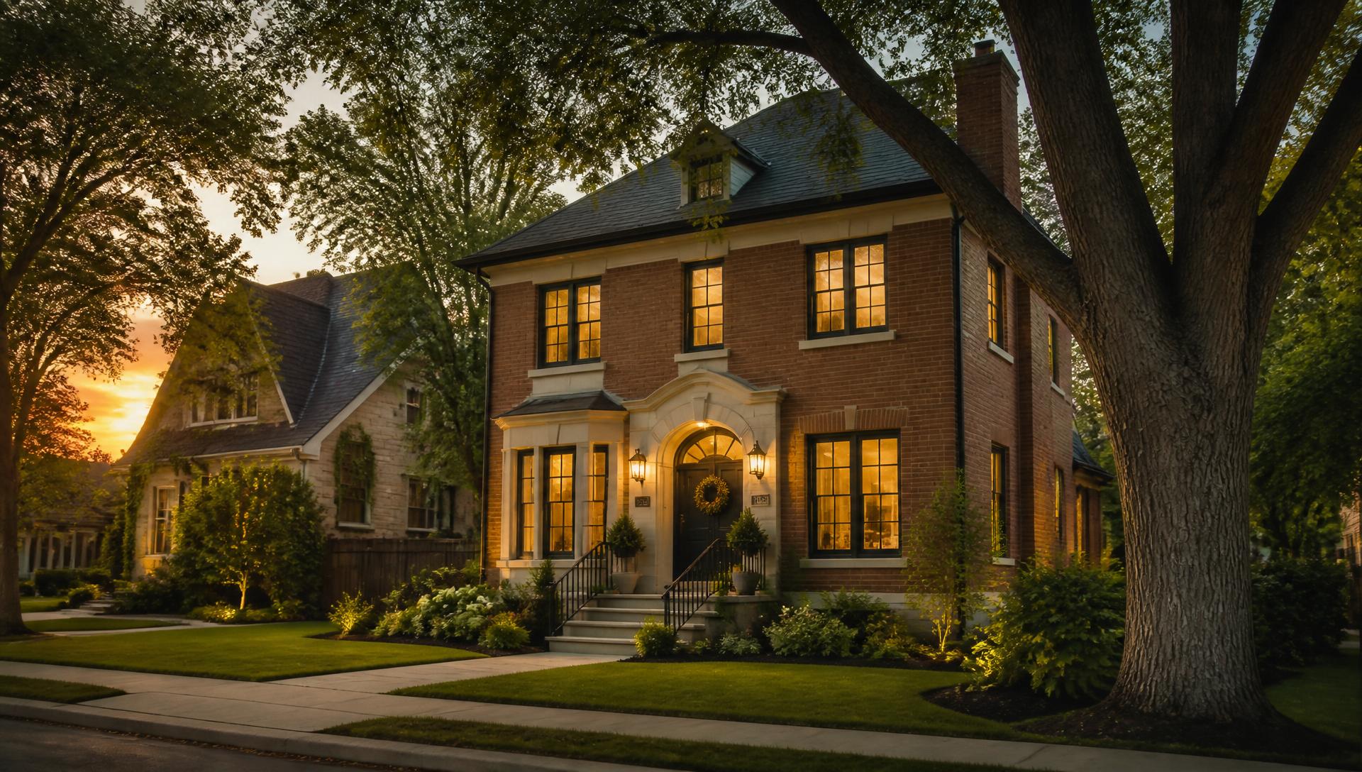 Warmly lit family home on a tree-lined Winnipeg street at sunset